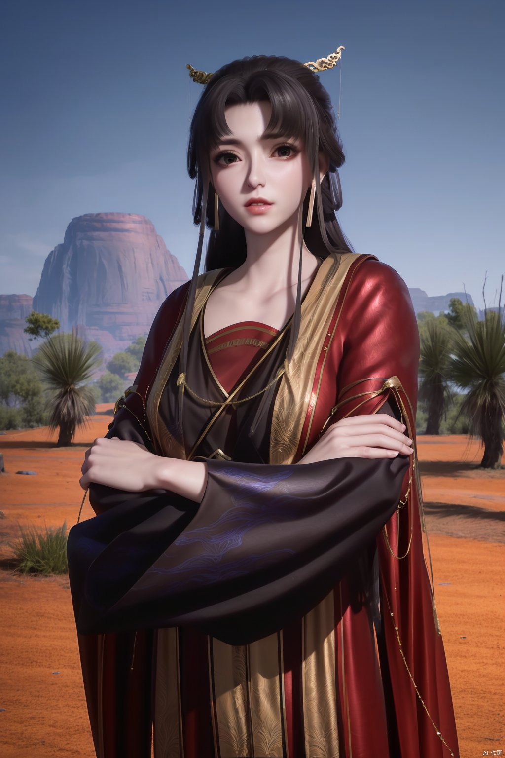 (8k, RAW photo, best quality, masterpiece:1.2), (realistic, photorealistic:1.3), ultra-detailed, extremely detailed cg 8k wallpaper, (crystalstexture skin:1.2), extremely delicate and beautiful,1girl,black, long hair, earrings,chinese clothes,dress,(big breasts),looking at viewer,cowboy shot,(outdoor:1.3),