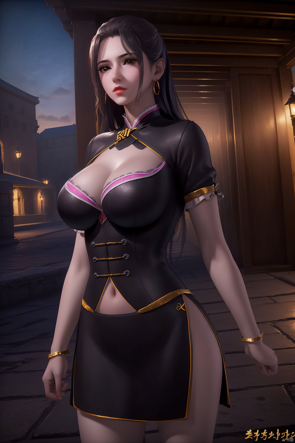 (8k, RAW photo, best quality, masterpiece:1.2), (realistic, photorealistic:1.3), ultra-detailed, extremely detailed cg 8k wallpaper, (crystalstexture skin:1.2), extremely delicate and beautiful,1girl,black, long hair, earrings,chinese clothes,dress,(big breasts),looking at viewer,cowboy shot,(outdoor:1.3),***