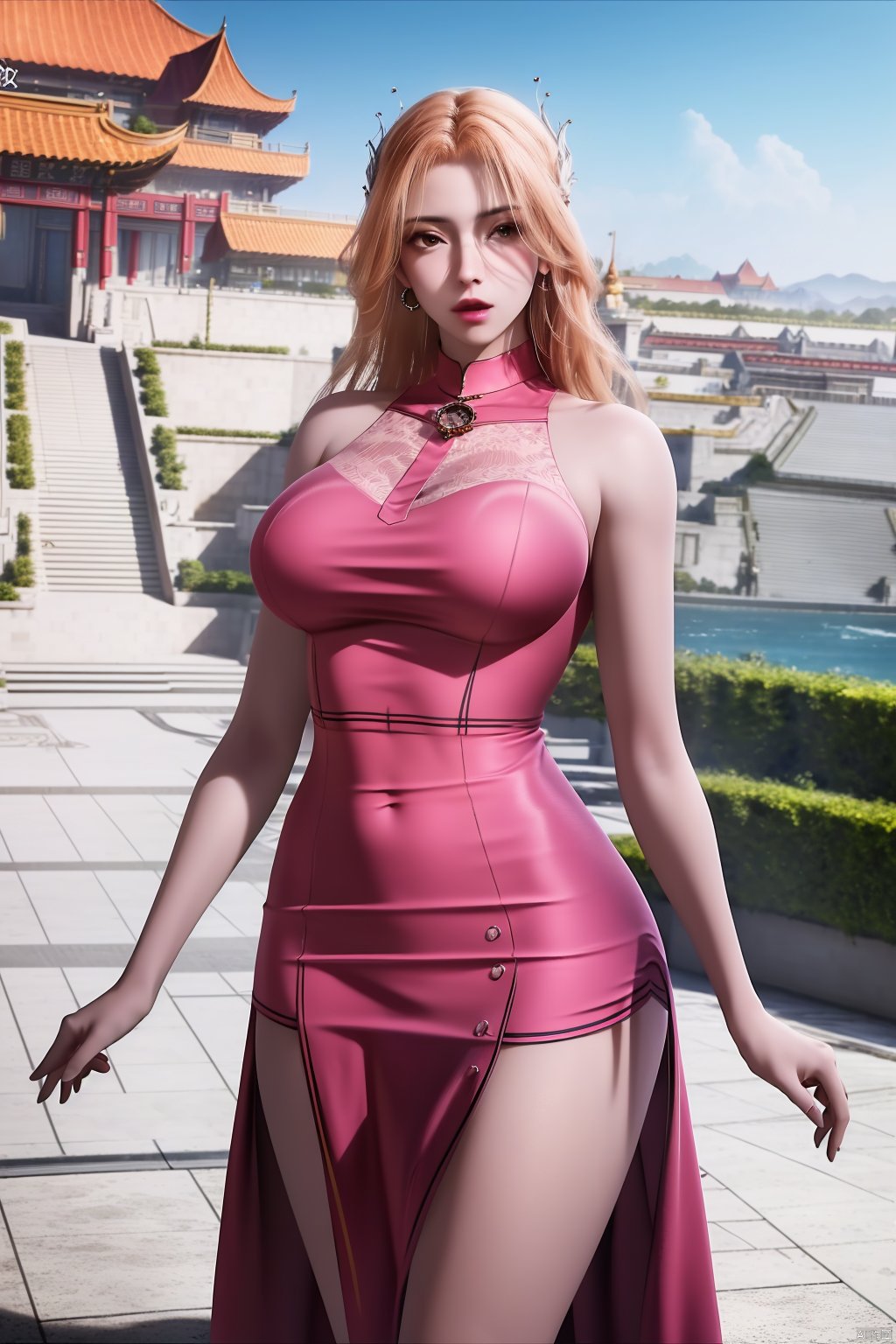 (8k, RAW photo, best quality, masterpiece:1.2), (realistic, photorealistic:1.3), ultra-detailed, extremely detailed cg 8k wallpaper, (crystalstexture skin:1.2), extremely delicate and beautiful,1girl,black, long hair, earrings,chinese clothes,dress,(big breasts),looking at viewer,cowboy shot,(outdoor:1.3),***