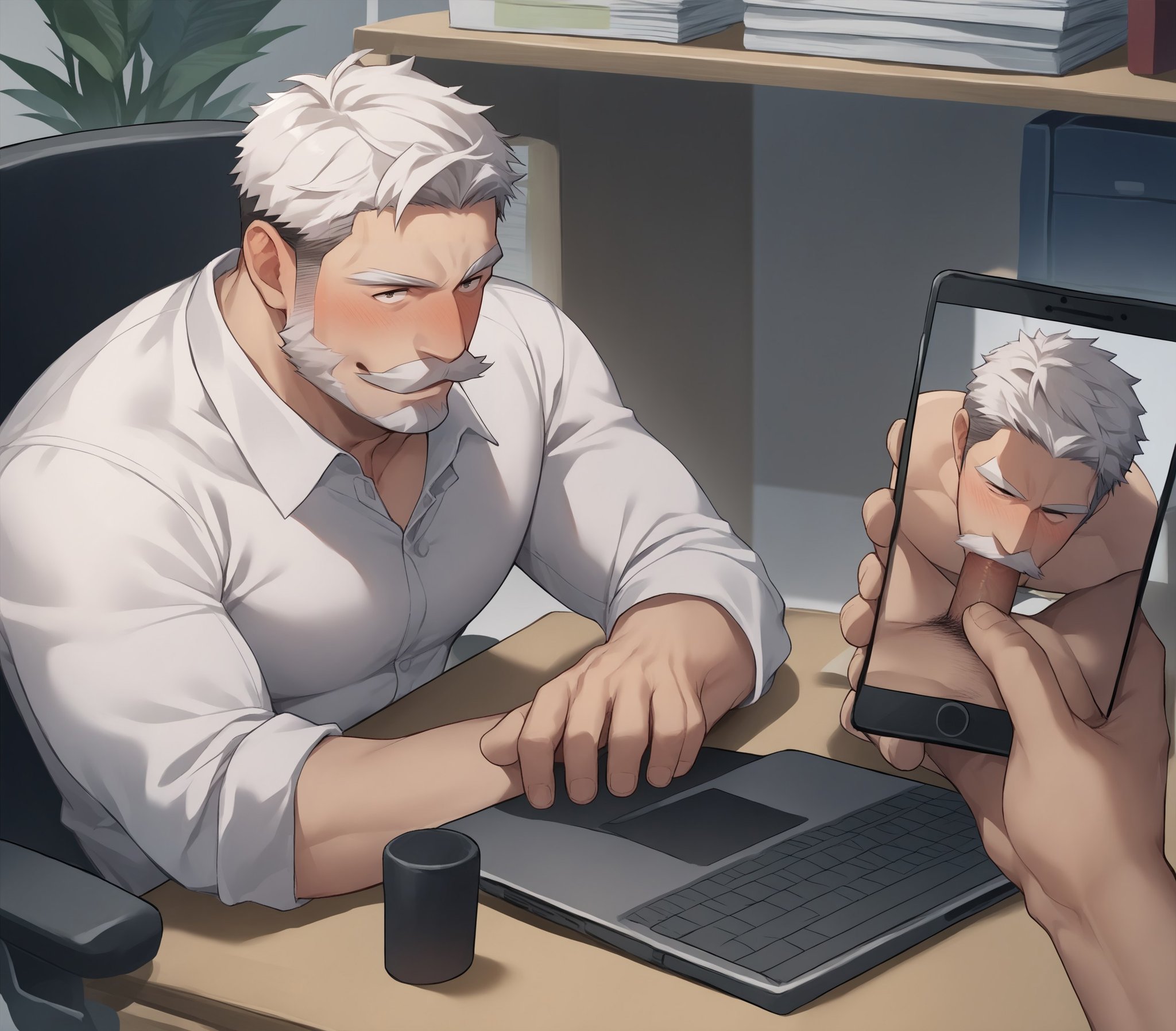 1boy, office worker, short hair, manly, beard, mature male, older male, mustache, sitting, laptop, typing, blush, across table, office, solo focus, score_9, score_8_up, score_7_up, score_6_up, score_5_up, score_4_up, phone, screen, phone exposure, phone pov, oral, fellatio, nude, penis, white hair, white mustache, source_anime, white beard, bara, <lora:PhoneExposurePonyXL:1>