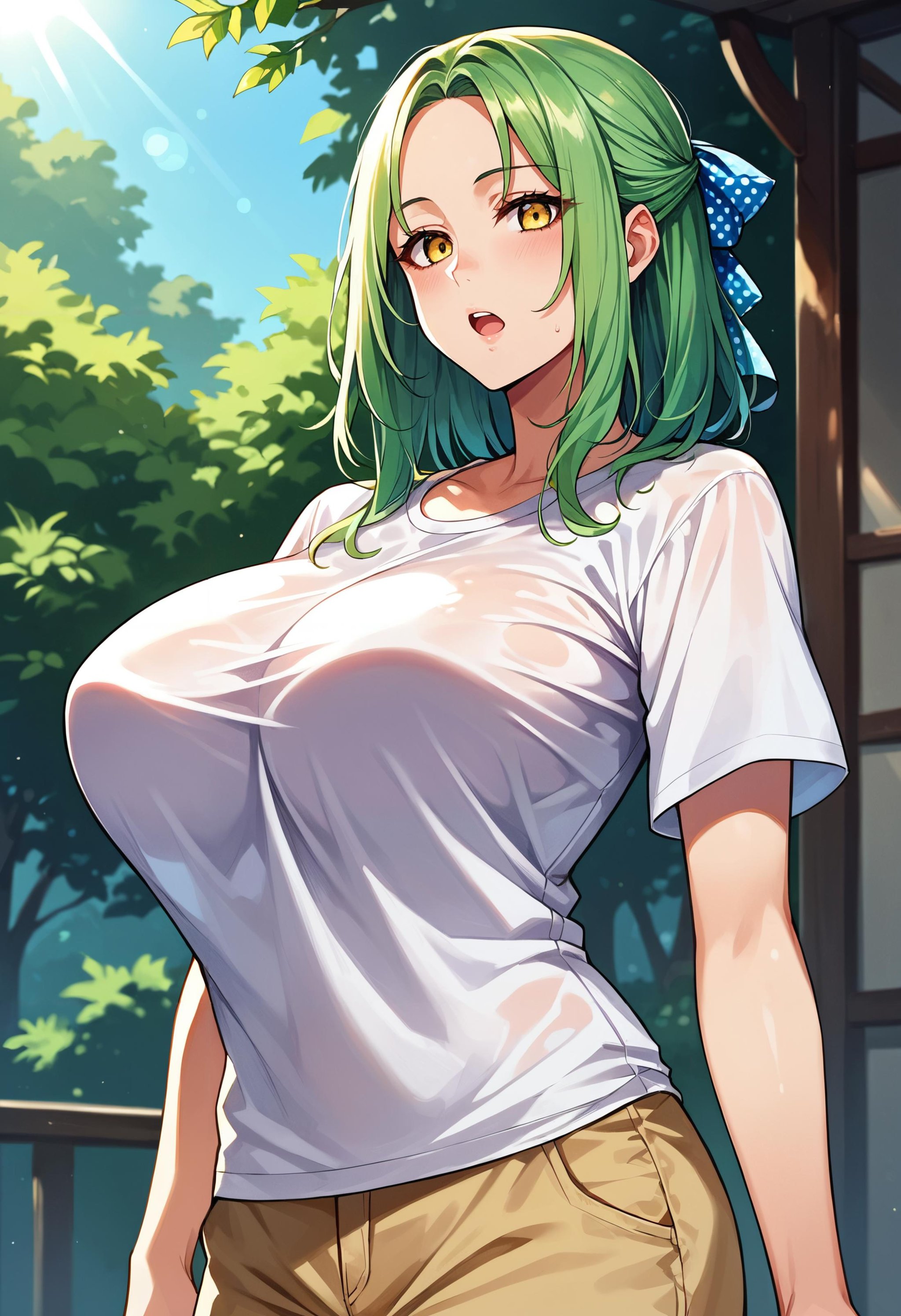 score_9,score_8_up,score_7_up,score_6_up, source_anime<lora:breasts_size_slider_pdxl_goofy:3> 1girl,  breasts, dappled sunlight,  forehead, green hair, hair ribbon, small breasts, medium hair, open mouth, outdoors, polka dot, polka dot ribbon, ribbon, shirt, solo, sunlight, t-shirt, white shirt, yellow eyes