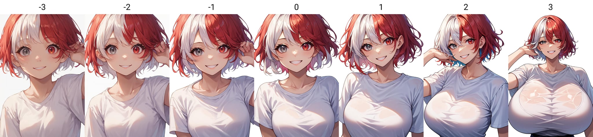 score_9,score_8_up,score_7_up,score_6_up, source_anime<lora:breasts_size_slider_pdxl_goofy:-3> 1girl,solo,breasts,looking at viewer, upper body,smile,happy,white background, absurdres, white shirt, short sleeves, red hair,short hair,white hair,heterochromia, red eyes,grey eyes,multicolored hair