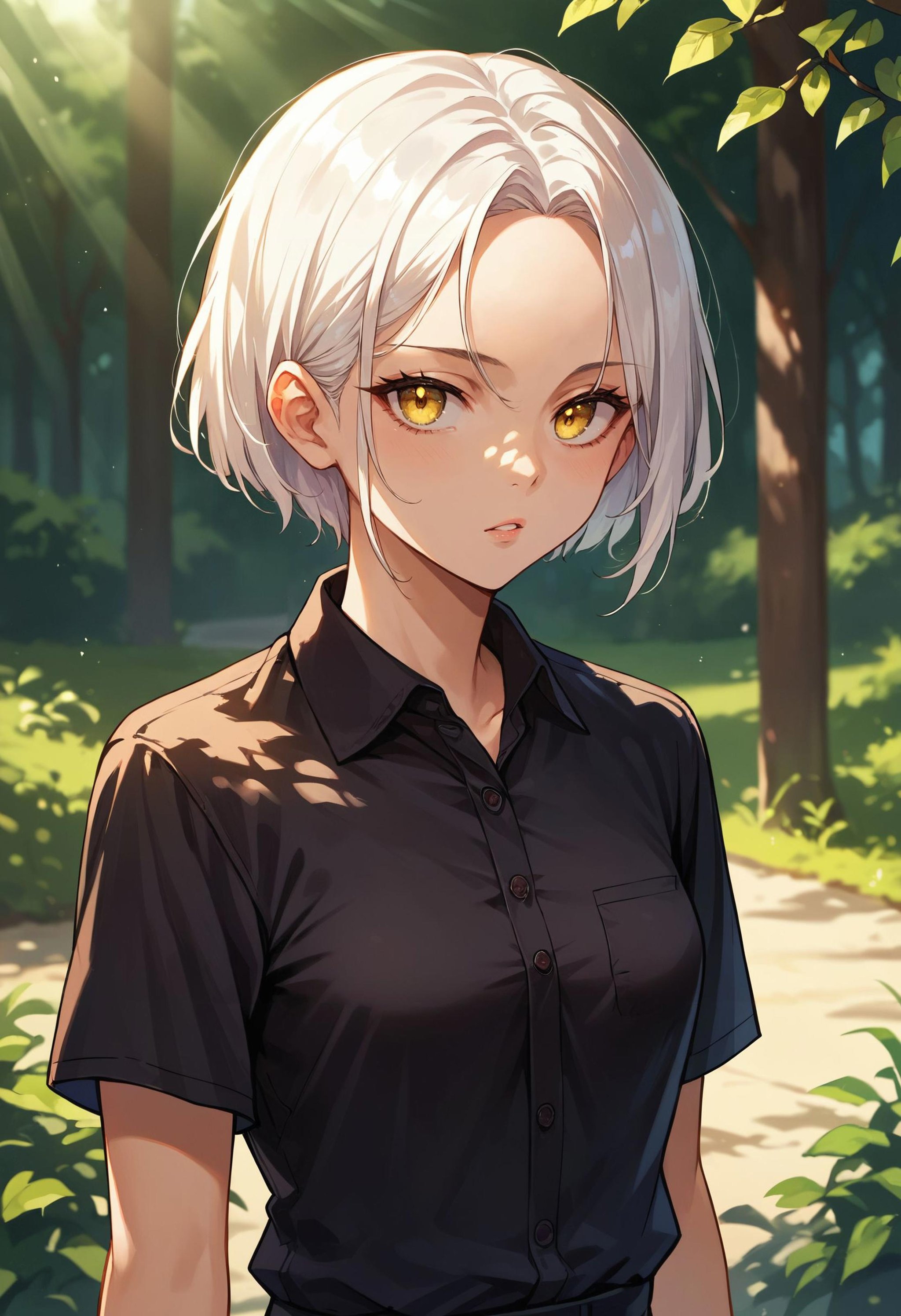 score_9,score_8_up,score_7_up,score_6_up, source_anime<lora:breasts_size_slider_pdxl_goofy:1> 1girl,  breasts, dappled sunlight,  forehead, white hair, small breasts, short hair, parted lips, outdoors, polo shirt, solo, sunlight,  black shirt, yellow eyes