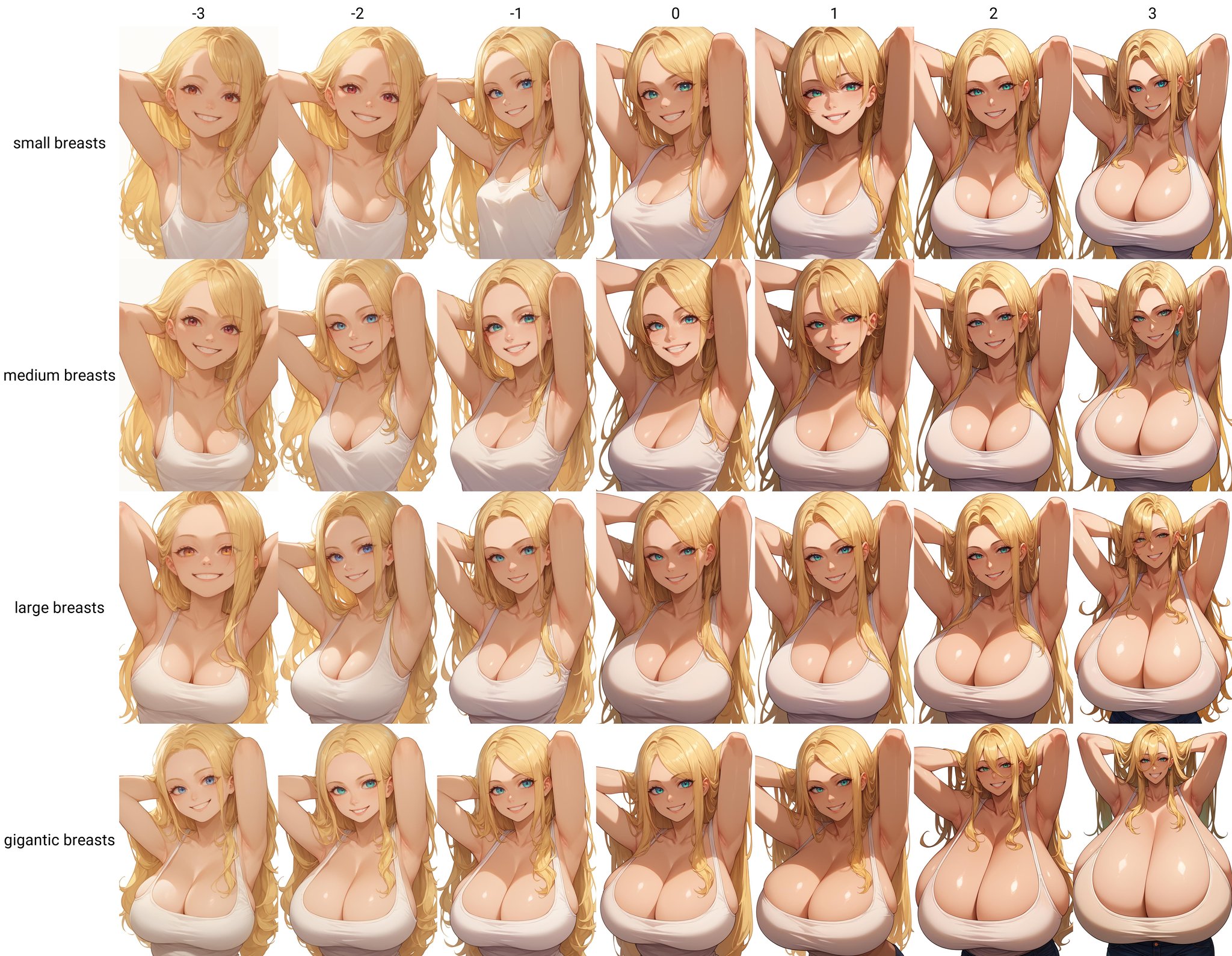 score_9,score_8_up,score_7_up,score_6_up, source_anime<lora:breasts_size_slider_pdxl_goofy:-3> 1girl,solo,breasts,looking at viewer,smile,happy,white background, absurdres, small breasts, arms behind head,cleavage, tank top,long hair,blonde hair