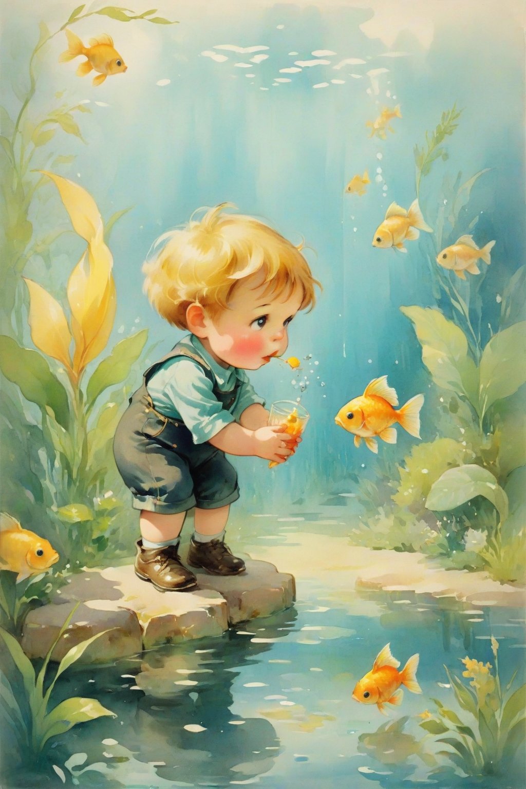 Little boy feeding a golden fish in the aquarium, 

Vintage children's illustrations 