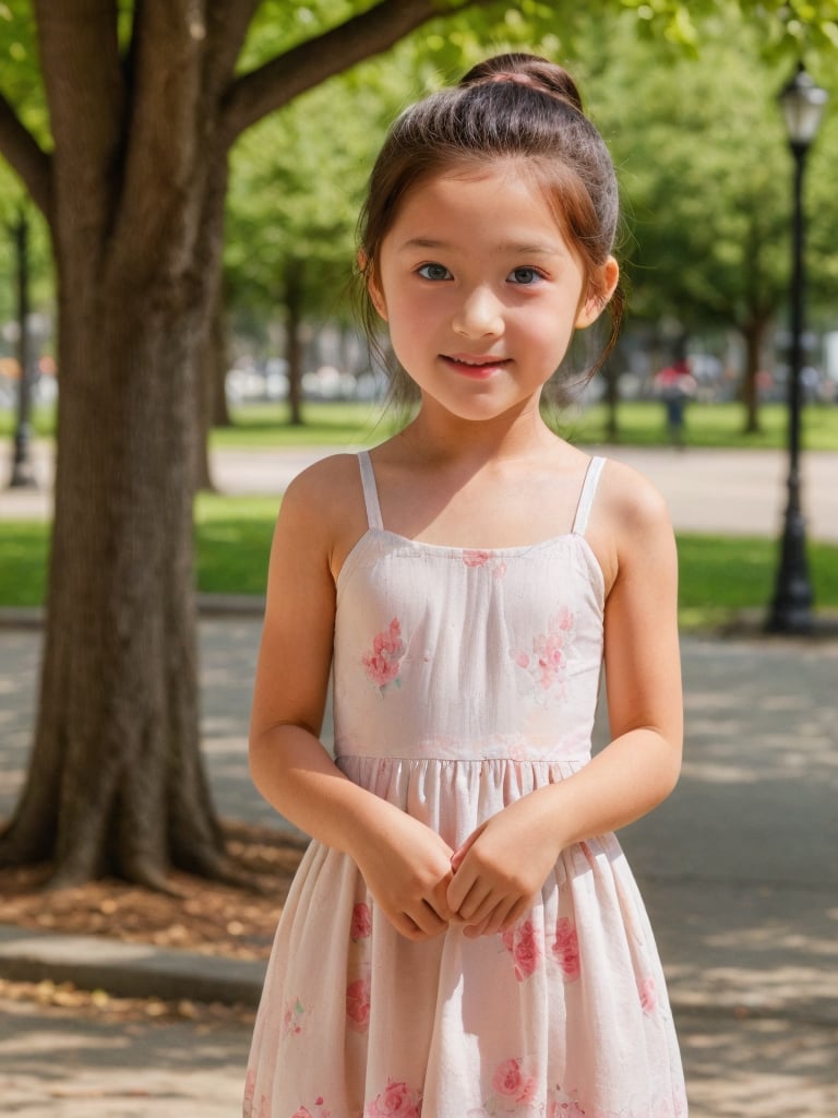 A ten-year-old little girl, upper body, wearing a beautiful floral dress is playing in the park