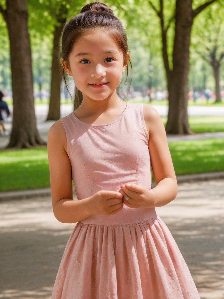 A ten-year-old little girl, upper body, wearing a beautiful floral dress is playing in the park