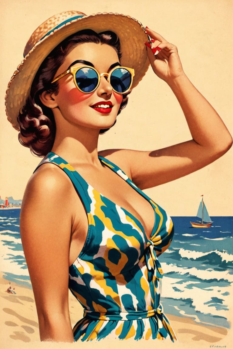 Beautiful woman, Beachwear, sunglasses, half body, in beach, 

Dynamic poses, 
Vintage American illustration's, retro illustrations, perfect hand and fingers, perfect face, 