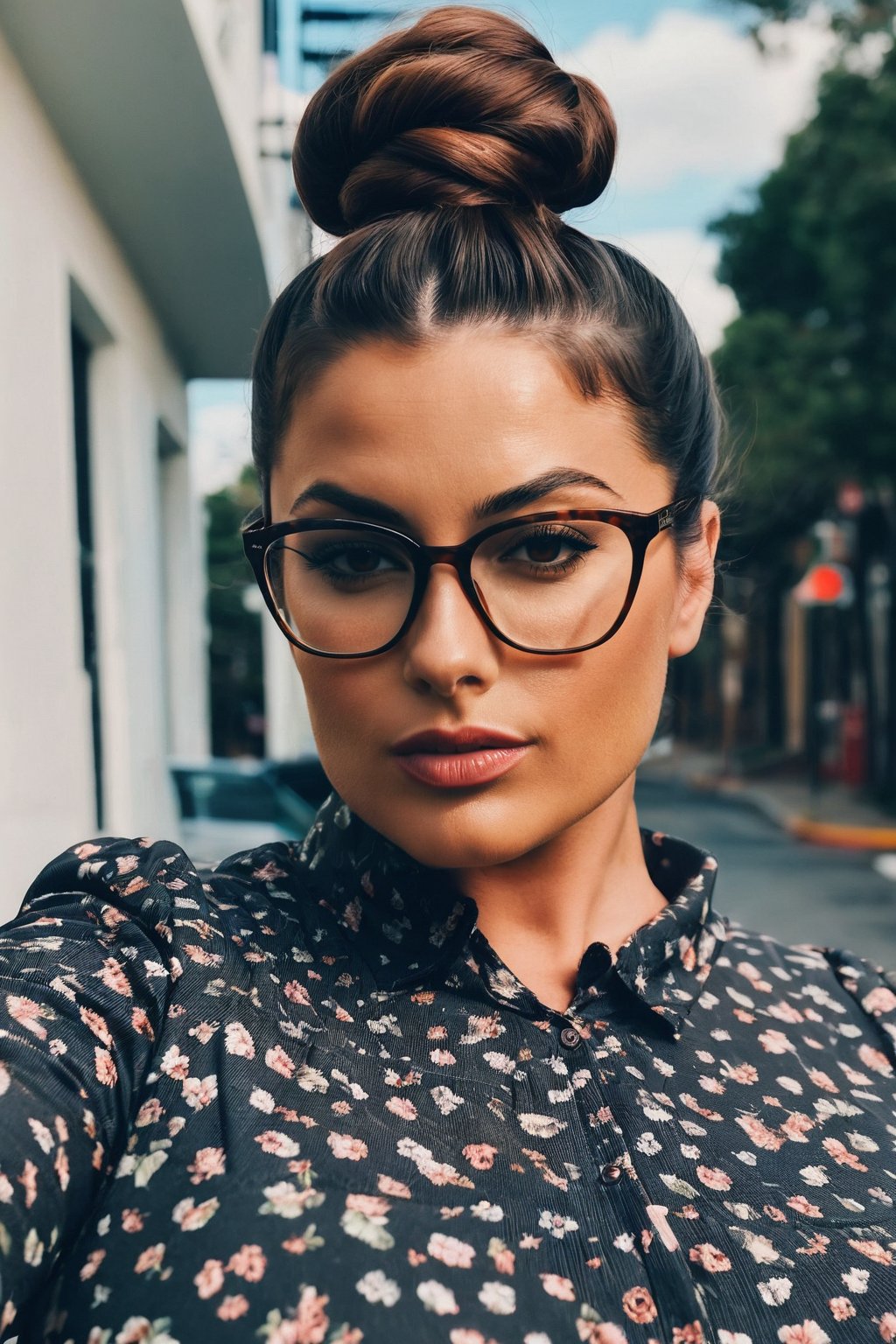 instagram photo of 30 y.o woman, maria fernandez, extreme beauty, curvy brunette, top knot, glasses, cinematic shot