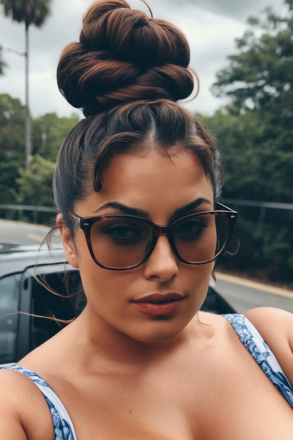 instagram photo of 30 y.o woman, maria fernandez, extreme beauty, curvy brunette, top knot, glasses, cinematic shot