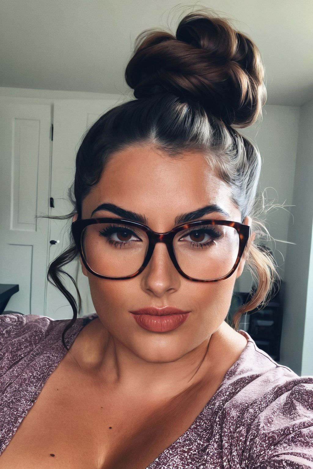 instagram photo of 30 y.o woman, maria fernandez, extreme beauty, curvy brunette, top knot, glasses, cinematic shot