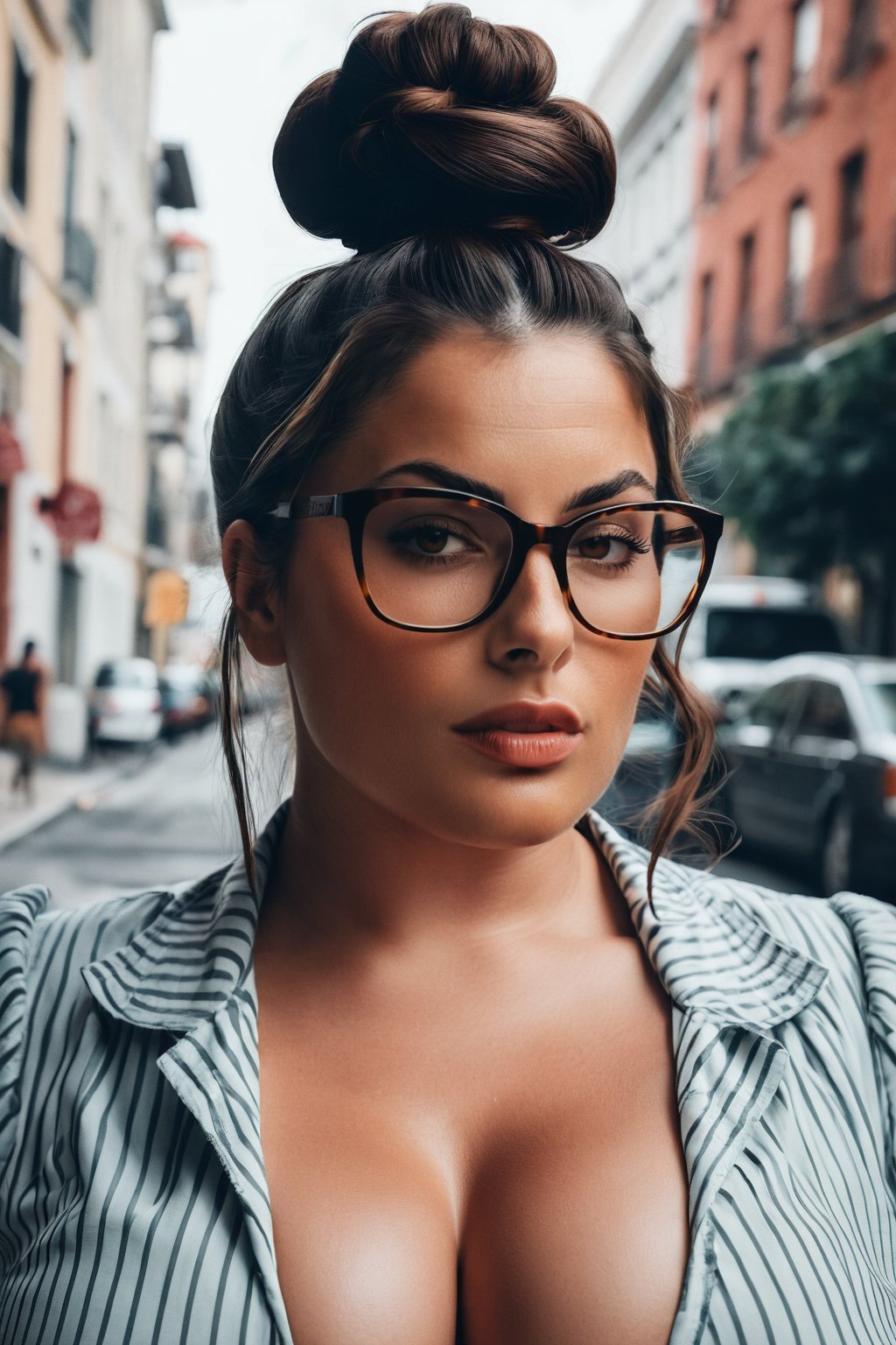 instagram photo of 30 y.o woman, maria fernandez, extreme beauty, curvy brunette, top knot, glasses, cinematic shot