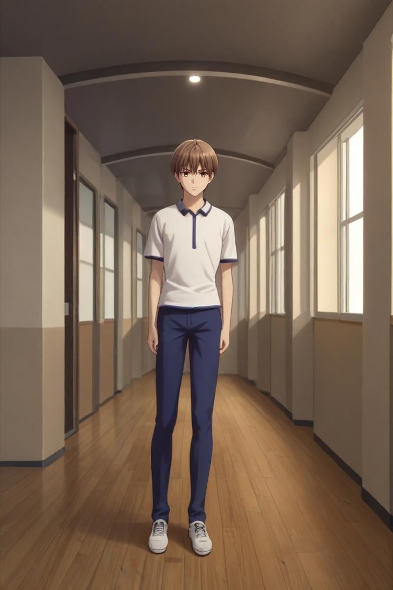 score_9, score_8_up, score_7_up, , rating_safe, , (3d:0.4), , , 1boy, solo, male focus, <lora:naohito_sakuragi_pony:0.82>, naohito_sakuragi, brown hair, brown eyes, short hair, wide angle, wide shot, full body, corridor, indoors, leaning forward, expressionless, , <lora:sdxl_lightning_8step_lora:1>