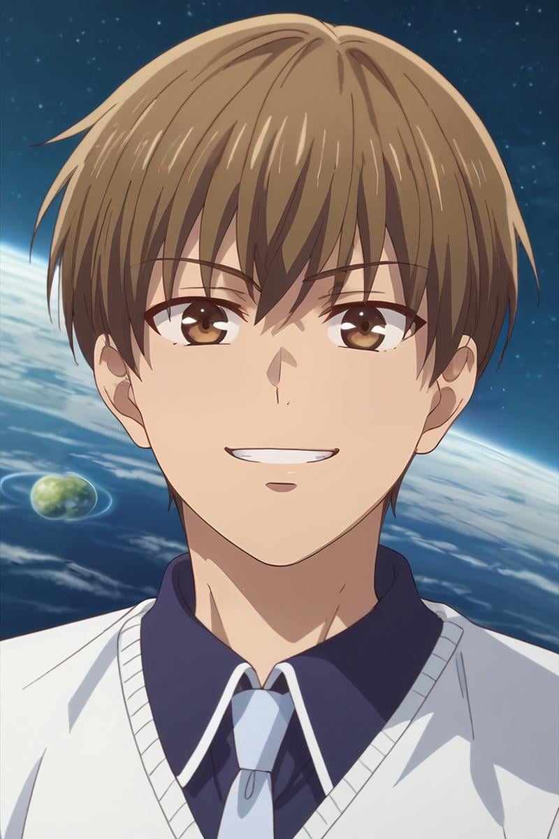 score_9, score_8_up, score_7_up, source_anime, rating_safe, , anime screencap, , , looking at viewer, , 1boy, solo, male focus, <lora:naohito_sakuragi_pony:0.9>, naohito_sakuragi, brown hair, brown eyes, short hair, rule of thirds, space, planets, day, clouds, (dynamic pose), naughty smile, , <lora:sdxl_lightning_8step_lora:1>