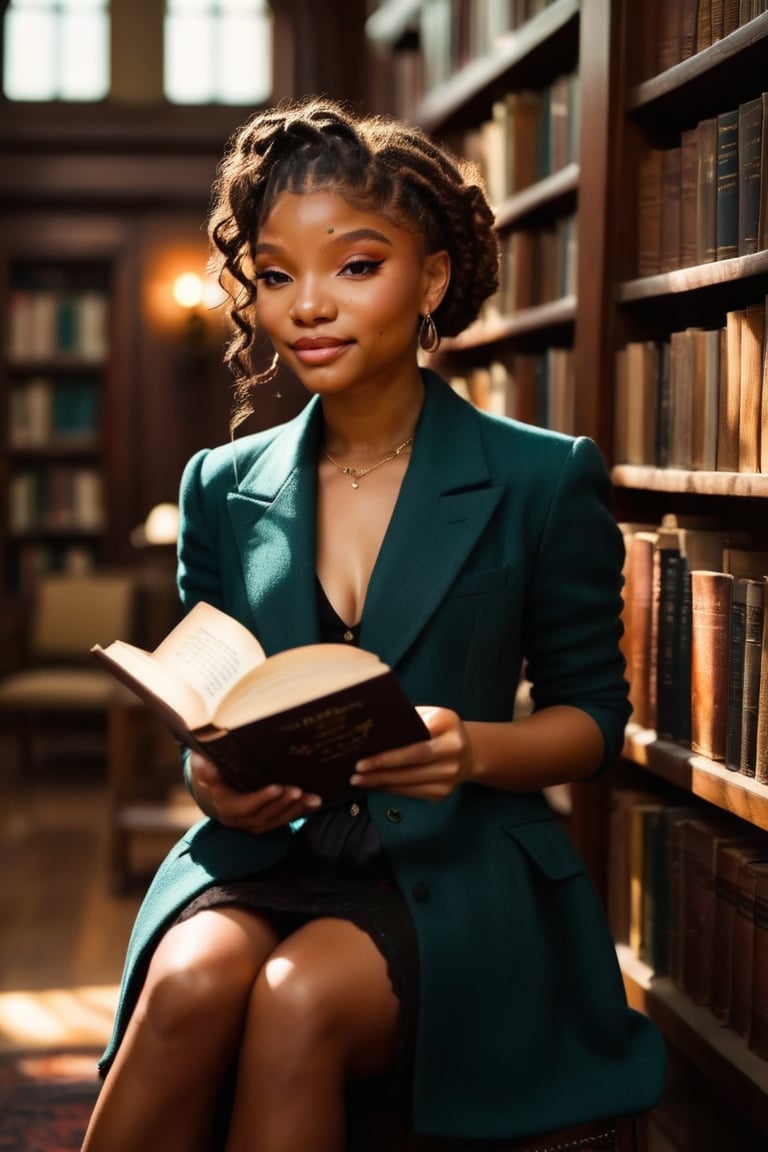 HQ photography, closeup portrait, sharp focus, bokeh background, high contrast, In a serene, cinematic setting, a lovely, young woman, reminiscent of Angeline, sits in an antique university library, looking at the book, Degas-like attention to detail captures every curl and curve of her body. In the background, an antique library full of books and ladders is bathed by the afternoon sun rays, creating a sense of depth and atmosphere. The overall effect is stunning, with cinematic flair, masterpiece, shines brightly on ArtStation, trending for all to admire.,dark academia outfit, brown teal color palette, Rembrandt Lighting Style,darkacademia,photorealistic,tweed blazer, collar shirt, beret,Kodak Motion Picture Film Style, halxbailey,Halle Bailey, African-American girl