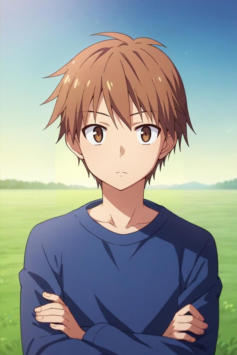 score_9, score_8_up, score_7_up, source_anime, rating_safe, , semi-realistic, looking at viewer, , 1boy, solo, male focus, <lora:sorata_kanda_pony:0.74>, sorata_kanda, brown hair, brown eyes, short hair, asymmetrical, field, dusk, crossed arms, :o, , <lora:sdxl_lightning_8step_lora:1>