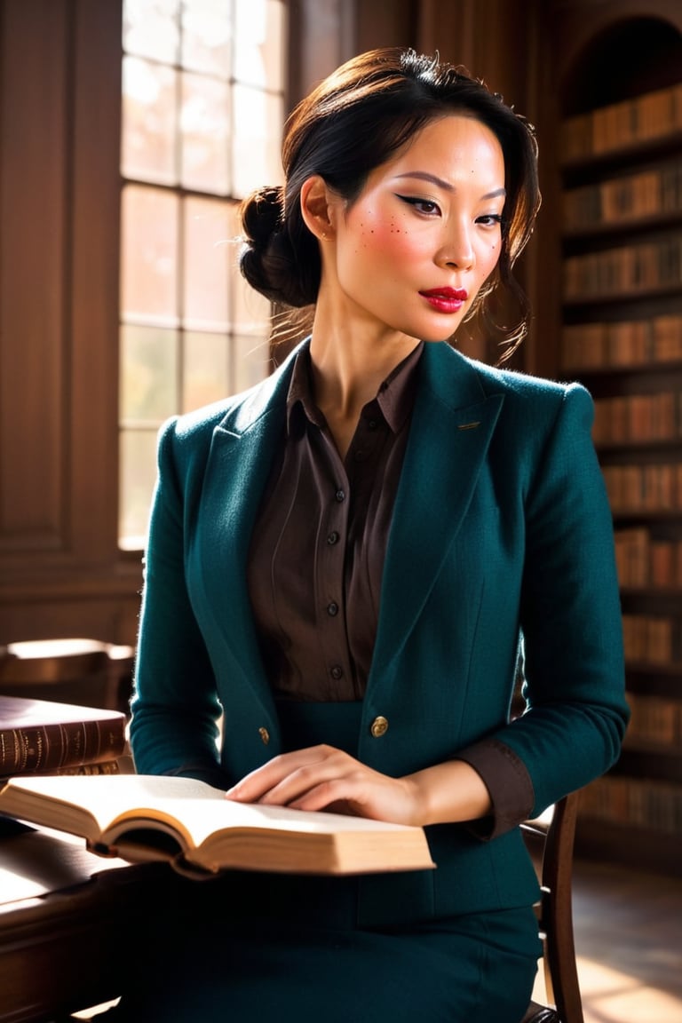 HQ photography, closeup portrait, sharp focus, bokeh background, high contrast, In a serene, cinematic setting, a lovely, young woman, reminiscent of Angeline, sits in an antique university library, looking at the book, Degas-like attention to detail captures every curl and curve of her body. In the background, an antique library full of books and ladders is bathed by the afternoon sun rays, creating a sense of depth and atmosphere. The overall effect is stunning, with cinematic flair, masterpiece, shines brightly on ArtStation, trending for all to admire.,dark academia outfit, brown teal color palette, Rembrandt Lighting Style,darkacademia,photorealistic,tweed blazer, collar shirt, beret,Kodak Motion Picture Film Style, ohwx, ohwx woman, Lucy Liu