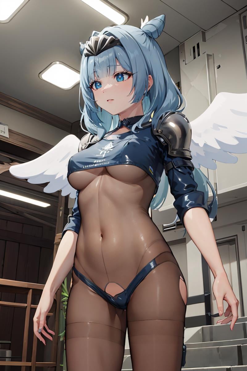 masterpiece, best quality, ultra-detailed, glistening shiny, glowing light, ray tracing, HDR, deph of field, (perfect face, detailed face), <lora:Sylphy:0.8>, sylphy, long hair, double hair bun, angel wings,  tiara, <lora:NyxStealthSuit:0.8>, nyxstealthsuit, crop top, underboob, (bodystocking:1.2), microshorts, standing