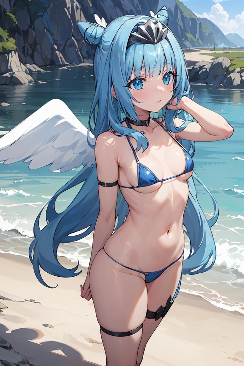 masterpiece, best quality, ultra-detailed, glistening shiny, glowing light, ray tracing, HDR, deph of field, (perfect face, detailed face), <lora:Sylphy:0.7>, sylphy, long hair, double hair bun, angel wings, tiara, micro bikini, thigh strap, standing, beach