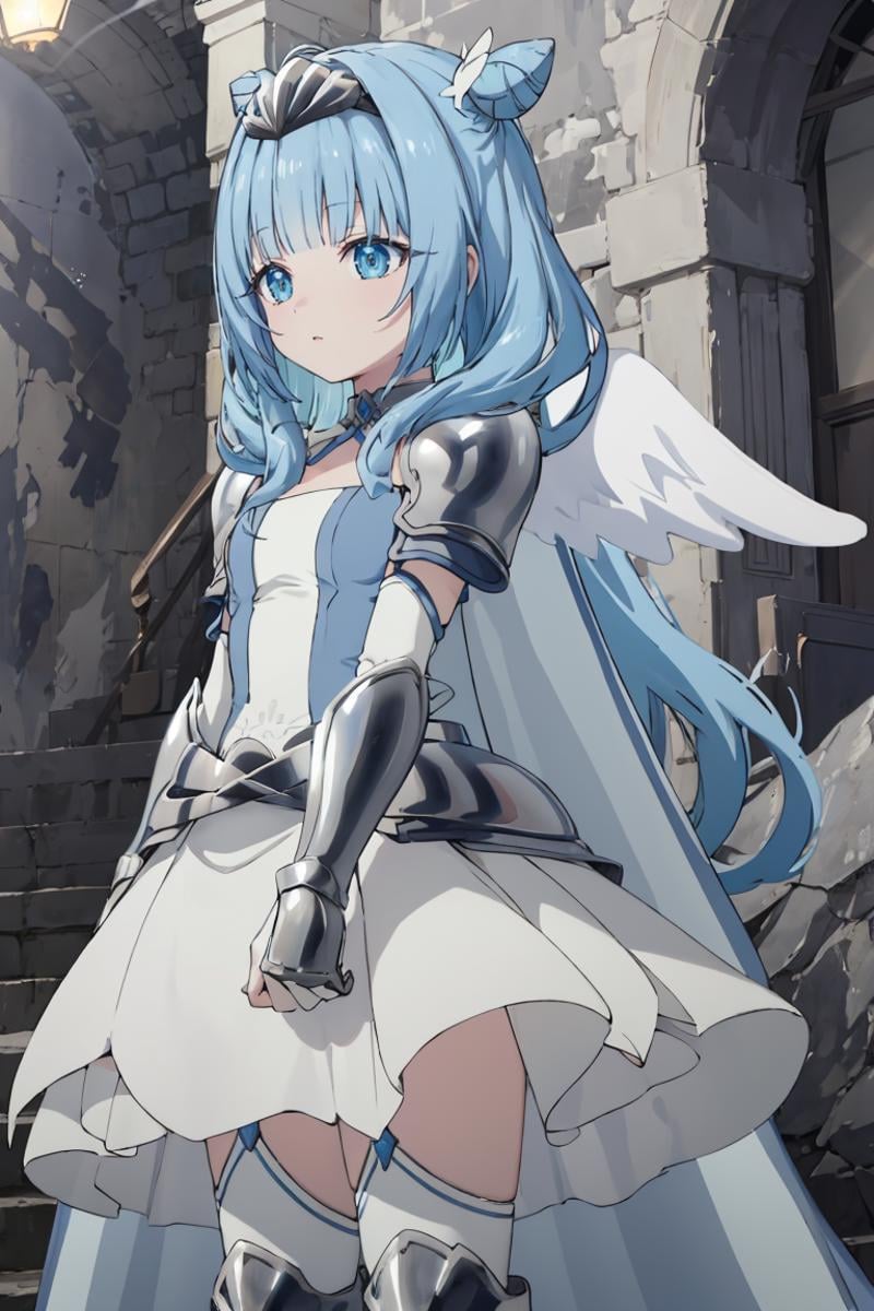 masterpiece, best quality, ultra-detailed, glistening shiny, glowing light, ray tracing, HDR, deph of field, (perfect face, detailed face), <lora:Sylphy:0.8>, sylphy, long hair, double hair bun, angel wings, white dress, armored dress, pauldrons, armored gloves, armored boots, armored tiara, white thighhighs, white cape, standing