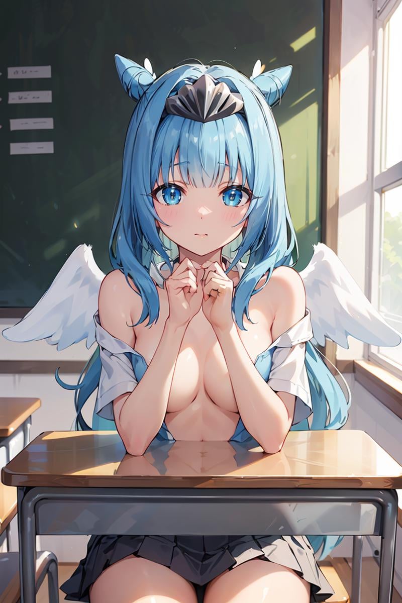 masterpiece, best quality, ultra-detailed, glistening shiny, glowing light, ray tracing, HDR, deph of field, (perfect face, detailed face), <lora:Sylphy:0.7>, sylphy, long hair, double hair bun, angel wings, tiara, school uniform, off shoulders, collarbone, no bra, sitting, classroom