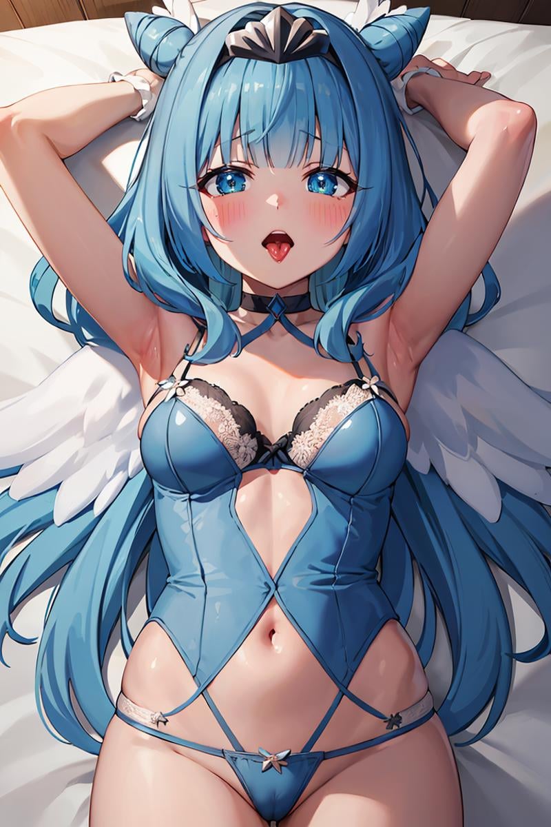 masterpiece, best quality, ultra-detailed, glistening shiny, glowing light, ray tracing, HDR, deph of field, (perfect face, detailed face), <lora:Sylphy:0.7>, sylphy, long hair, double hair bun, angel wings,  tiara, blush, open mouth, tongue out, lingerie, outstretched arms, thong, lying, on back