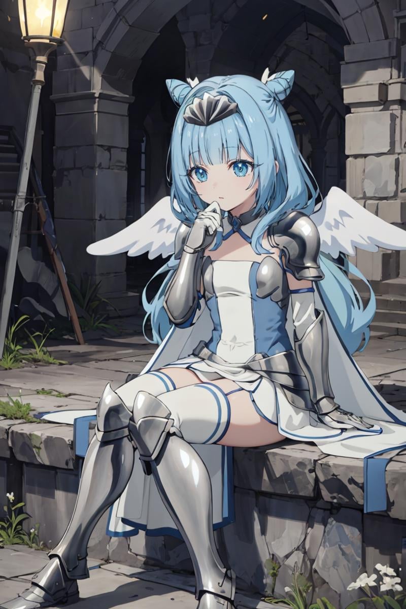 masterpiece, best quality, ultra-detailed, glistening shiny, glowing light, ray tracing, HDR, deph of field, (perfect face, detailed face), <lora:Sylphy:0.7>, sylphy, long hair, double hair bun, angel wings, white dress, armored dress, pauldrons, armored gloves, armored boots, armored tiara, white thighhighs, white cape, sitting