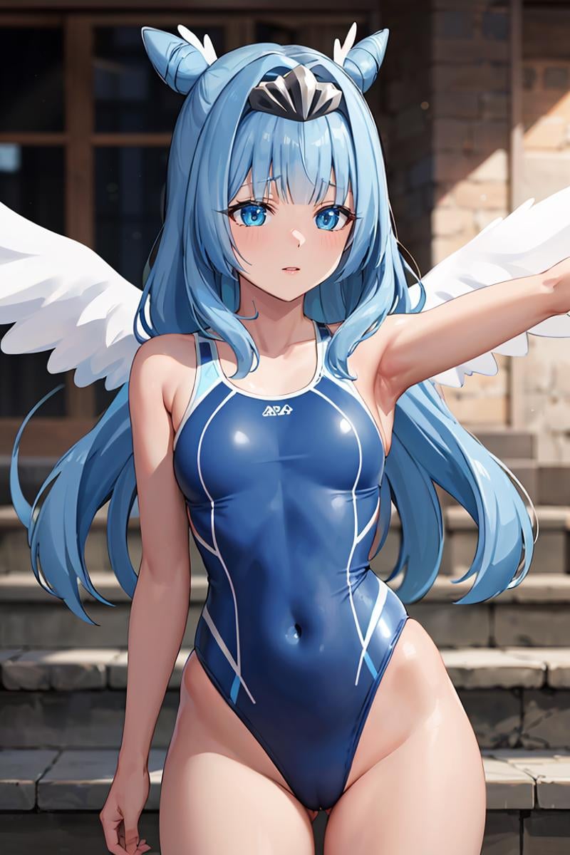 masterpiece, best quality, ultra-detailed, glistening shiny, glowing light, ray tracing, HDR, deph of field, (perfect face, detailed face), <lora:Sylphy:0.7>, sylphy, long hair, double hair bun, angel wings,  tiara, competition swimsuit, highleg, armpits, standing