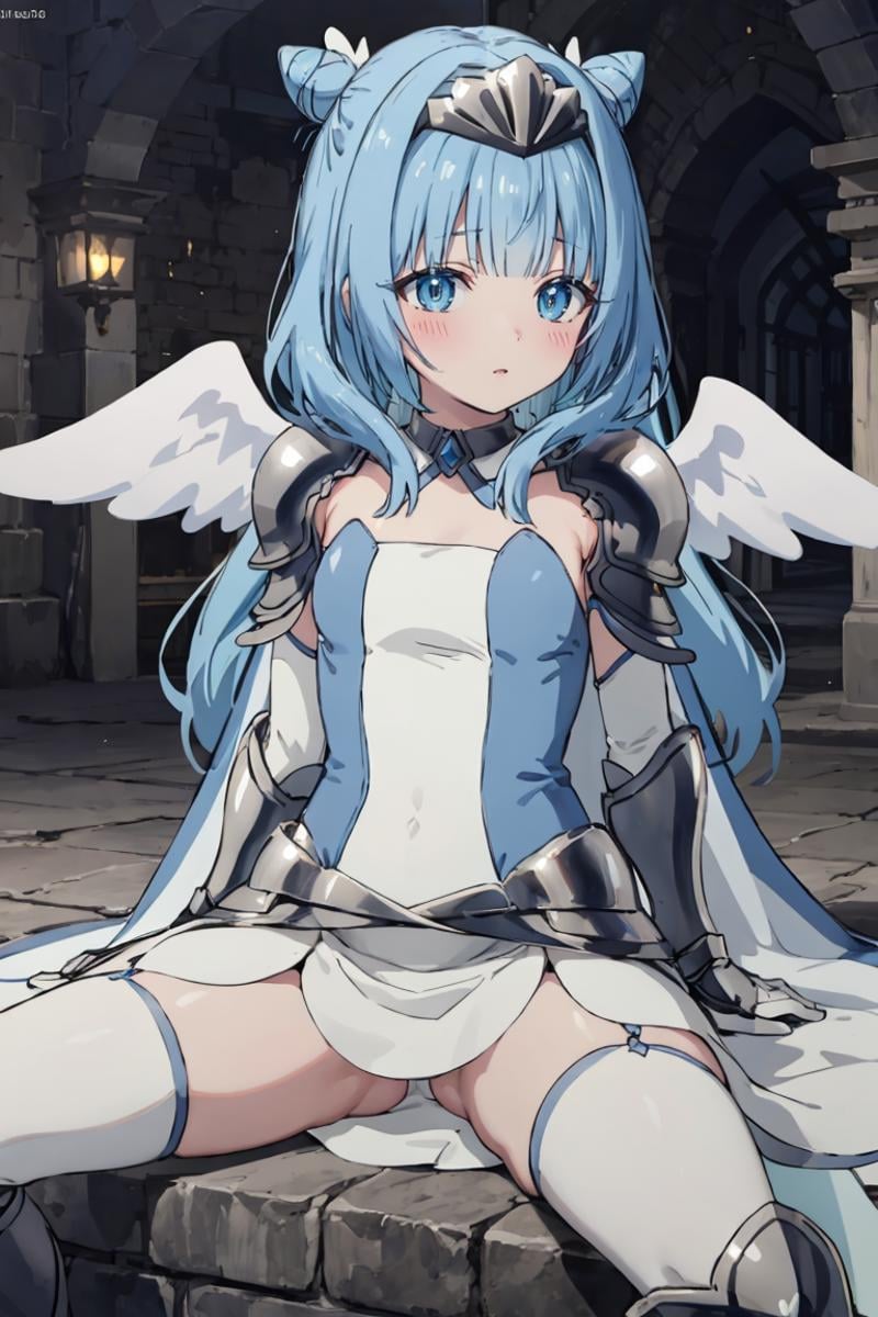 masterpiece, best quality, ultra-detailed, glistening shiny, glowing light, ray tracing, HDR, deph of field, (perfect face, detailed face), <lora:Sylphy:0.7>, sylphy, long hair, double hair bun, blush, angel wings, white dress, armored dress, pauldrons, armored gloves, armored boots, armored tiara, white thighhighs, white cape, sitting, spread legs