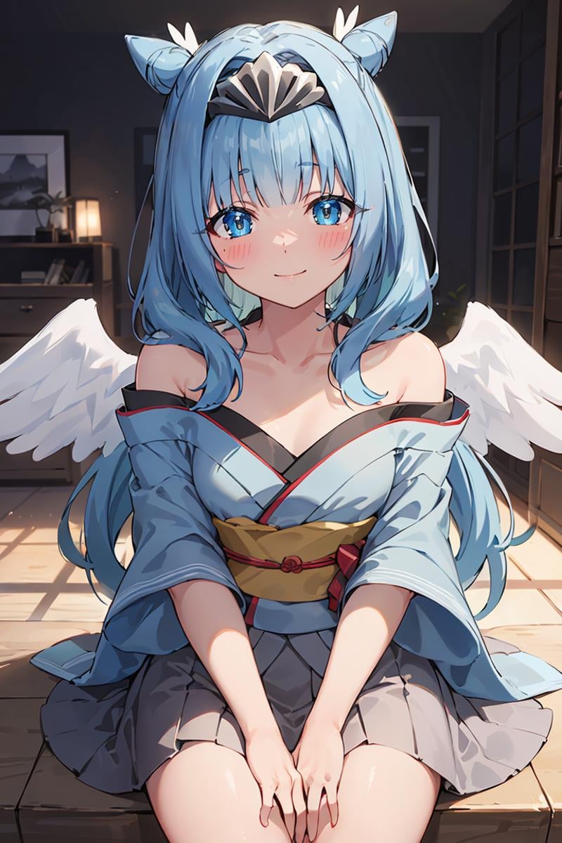 masterpiece, best quality, ultra-detailed, glistening shiny, glowing light, ray tracing, HDR, deph of field, (perfect face, detailed face), <lora:Sylphy:0.7>, sylphy, long hair, double hair bun, angel wings, blush, smile, tiara, kimono, off shoulders, collarbone, sitting