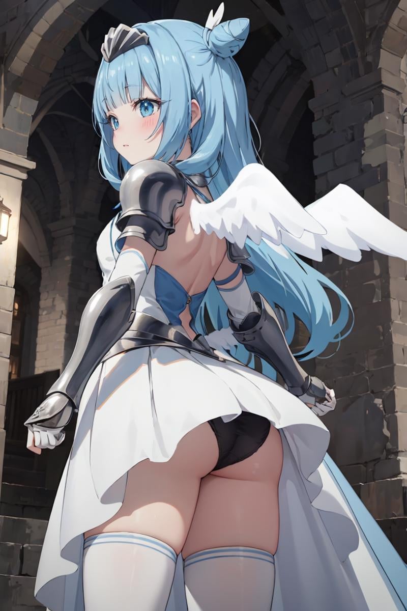 masterpiece, best quality, ultra-detailed, glistening shiny, glowing light, ray tracing, HDR, deph of field, (perfect face, detailed face), <lora:Sylphy:0.7>, sylphy, long hair, double hair bun, blush, angel wings, white dress, armored dress, pauldrons, armored gloves, armored boots, armored tiara, white thighhighs, white cape, from behind, ass, panties, standing