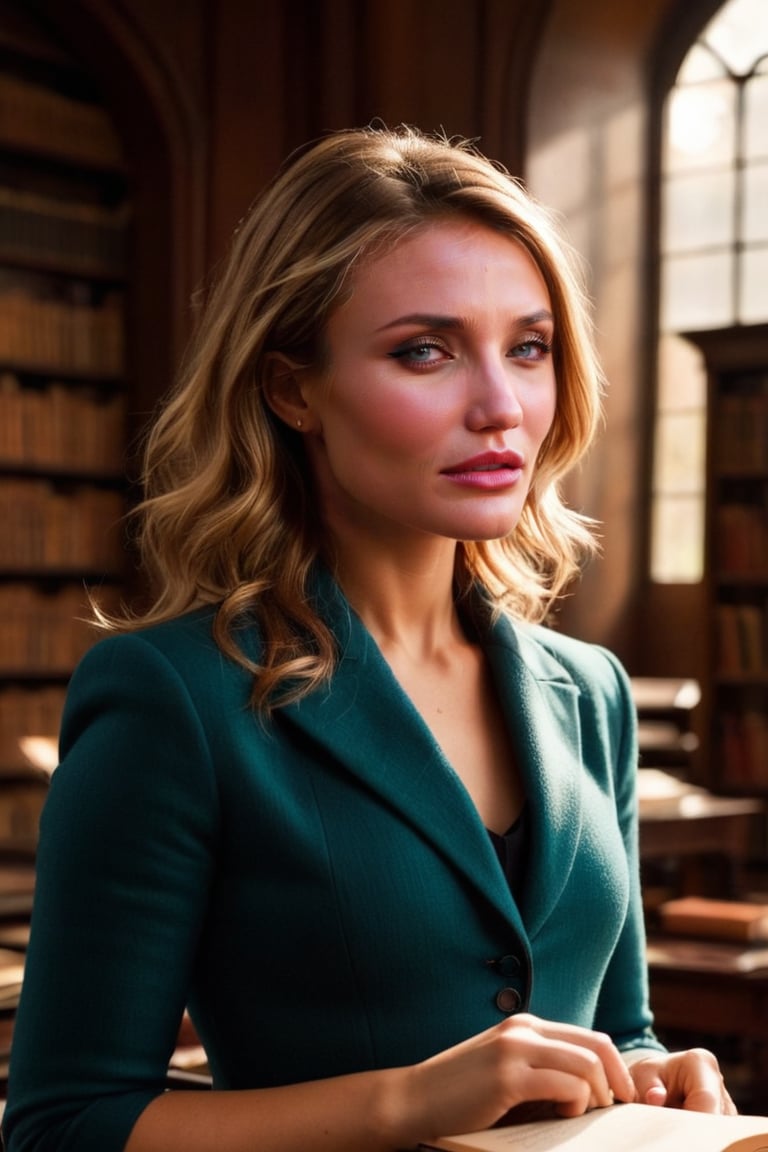 HQ photography, closeup portrait, sharp focus, bokeh background, high contrast, In a serene, cinematic setting, a lovely, young woman, reminiscent of Angeline, sits in an antique university library, looking at the book, Degas-like attention to detail captures every curl and curve of her body. In the background, an antique library full of books and ladders is bathed by the afternoon sun rays, creating a sense of depth and atmosphere. The overall effect is stunning, with cinematic flair, masterpiece, shines brightly on ArtStation, trending for all to admire.,dark academia outfit, brown teal color palette, Rembrandt Lighting Style,darkacademia,photorealistic,tweed blazer, collar shirt, beret,Kodak Motion Picture Film Style,ohwx, ohwx woman, Cameron Diaz