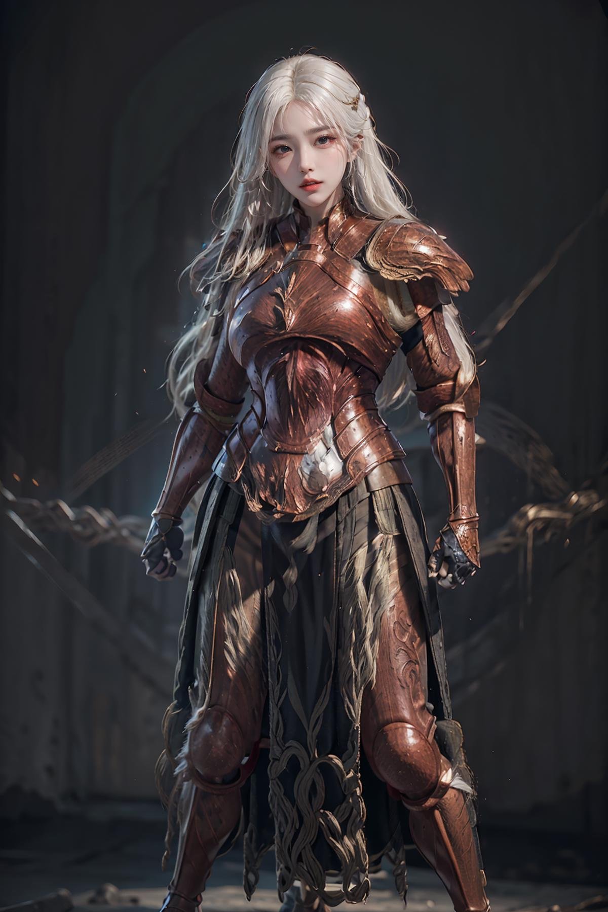 masterpiece,best quality,1girl,women,solo,full body,long white hair,brown armor,shoulder armor,gauntlets,pauldrons,breastplate,faulds,full armor,chainmail,crucible armor,boot,tasset,<lora:more_details:0.3>,<lora:nt2:0.6>,<lora:CRarmor:0.8>,