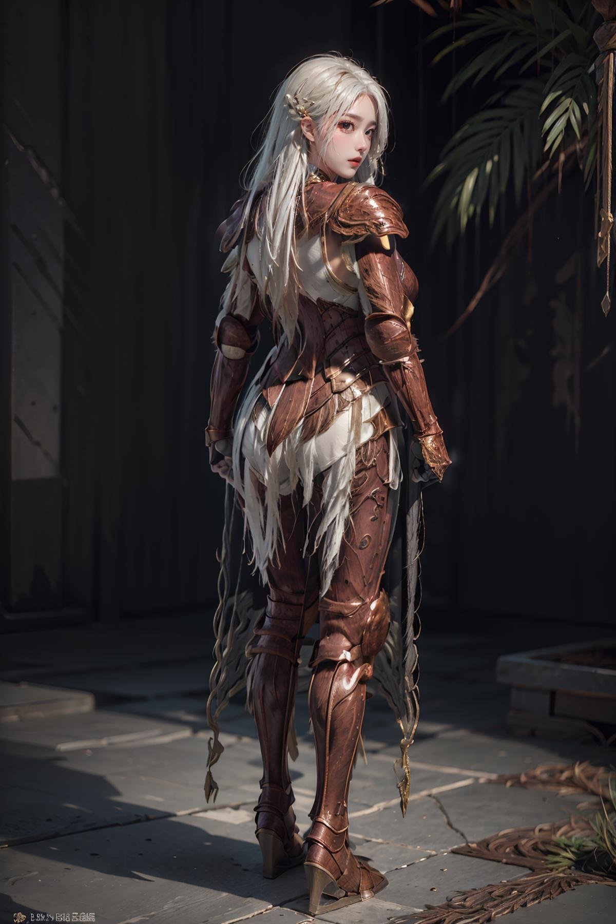 masterpiece,best quality,1girl,women,solo,full body,from behide,looking back,long white hair,brown armor,shoulder armor,gauntlets,full armor,crucible armor,boot,tasset,<lora:more_details:0.3>,<lora:nt2:0.6>,<lora:CRarmor:0.8>,