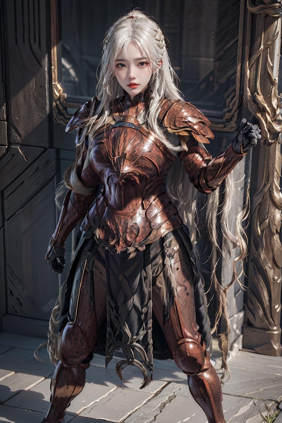 masterpiece,best quality,1girl,women,solo,full body,long white hair,brown armor,shoulder armor,gauntlets,pauldrons,breastplate,faulds,full armor,chainmail,crucible armor,boot,tasset,<lora:more_details:0.3>,<lora:nt2:0.6>,<lora:CRarmor:0.8>,