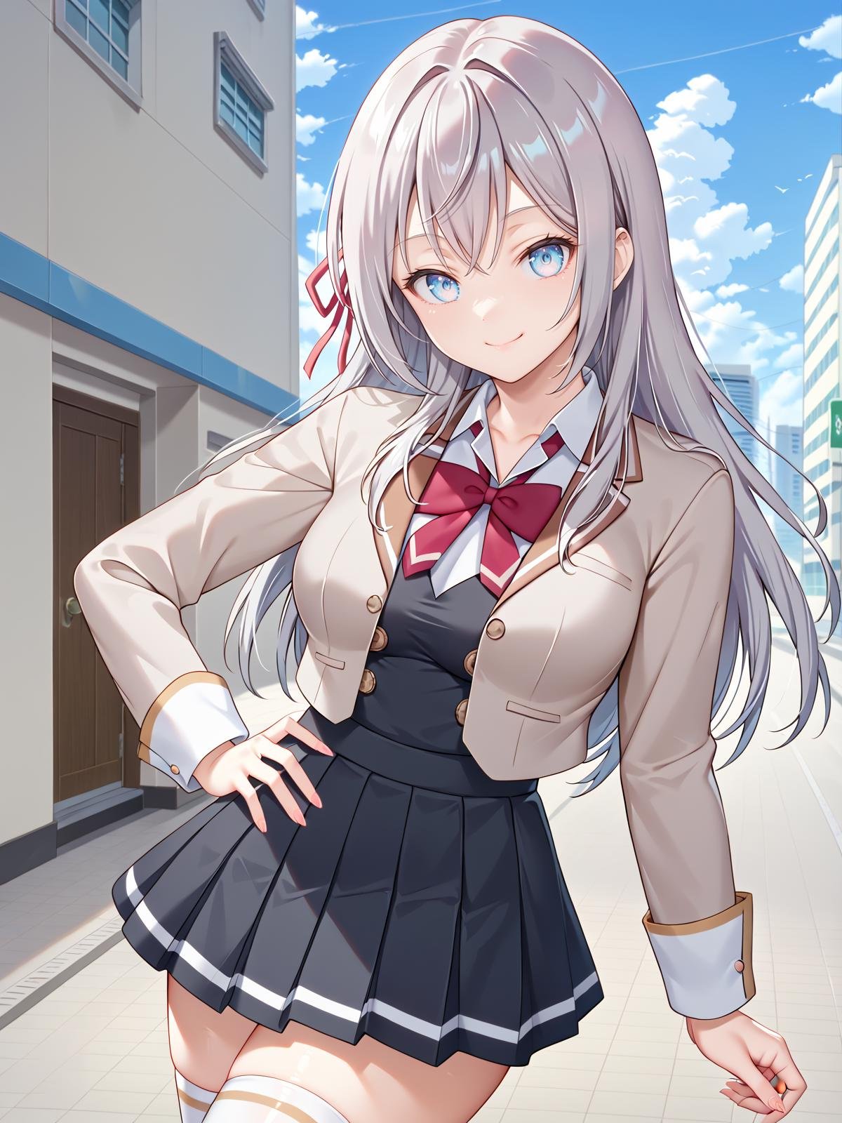 ((score_9)), ((score_8)),looking at viewer, cowboy shot, smile, tokyo \(city\), outdoors, standing,<lora:add-detail-xl:1><lora:alya-san-04:1> ((alisa:1.2)), 1girl, long hair, school uniform, hair ribbon, blue eyes, shirt, collared shirt, blazer, long sleeves, pleated skirt, white thighhighs, bow, bowtie, grey hair, , medium breasts, black skirt, closed mouth, ((golden buttons:1))