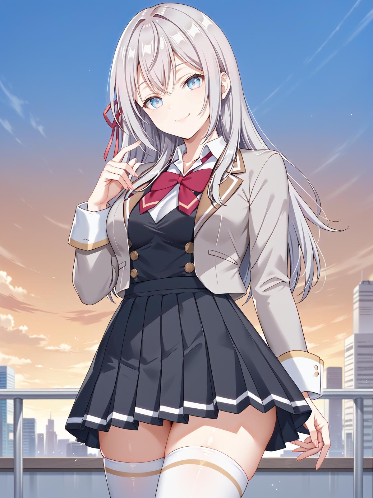 ((score_9)), ((score_8)),looking at viewer, cowboy shot, smile, tokyo \(city\), outdoors, standing,<lora:add-detail-xl:1><lora:alya-san-04:1> ((alisa:1.2)), 1girl, long hair, school uniform, hair ribbon, blue eyes, shirt, collared shirt, blazer, long sleeves, pleated skirt, white thighhighs, bow, bowtie, grey hair, , medium breasts, black skirt, closed mouth, ((golden buttons:1))