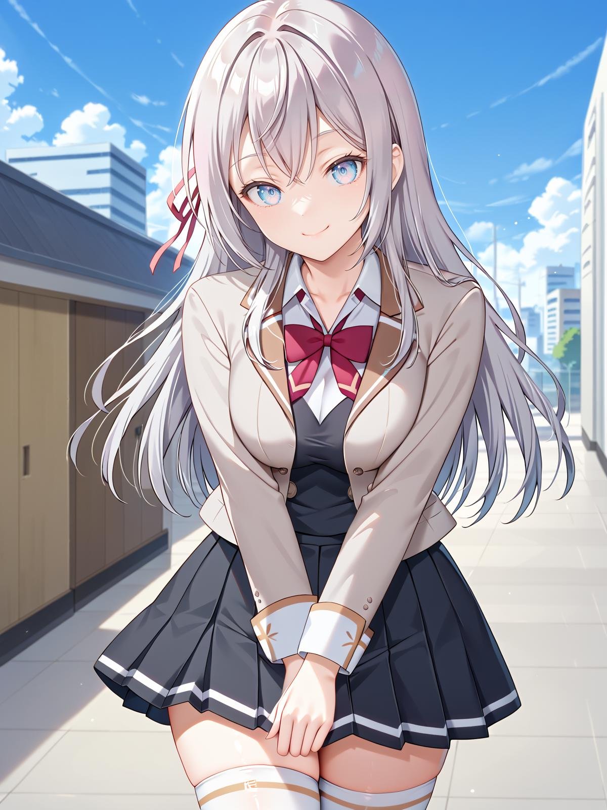 ((score_9)), ((score_8)),looking at viewer, cowboy shot, smile, tokyo \(city\), outdoors, standing,<lora:add-detail-xl:1><lora:alya-san-04:1> ((alisa:1.2)), 1girl, long hair, school uniform, hair ribbon, blue eyes, shirt, collared shirt, blazer, long sleeves, pleated skirt, white thighhighs, bow, bowtie, grey hair, , medium breasts, black skirt, closed mouth, ((golden buttons:1))