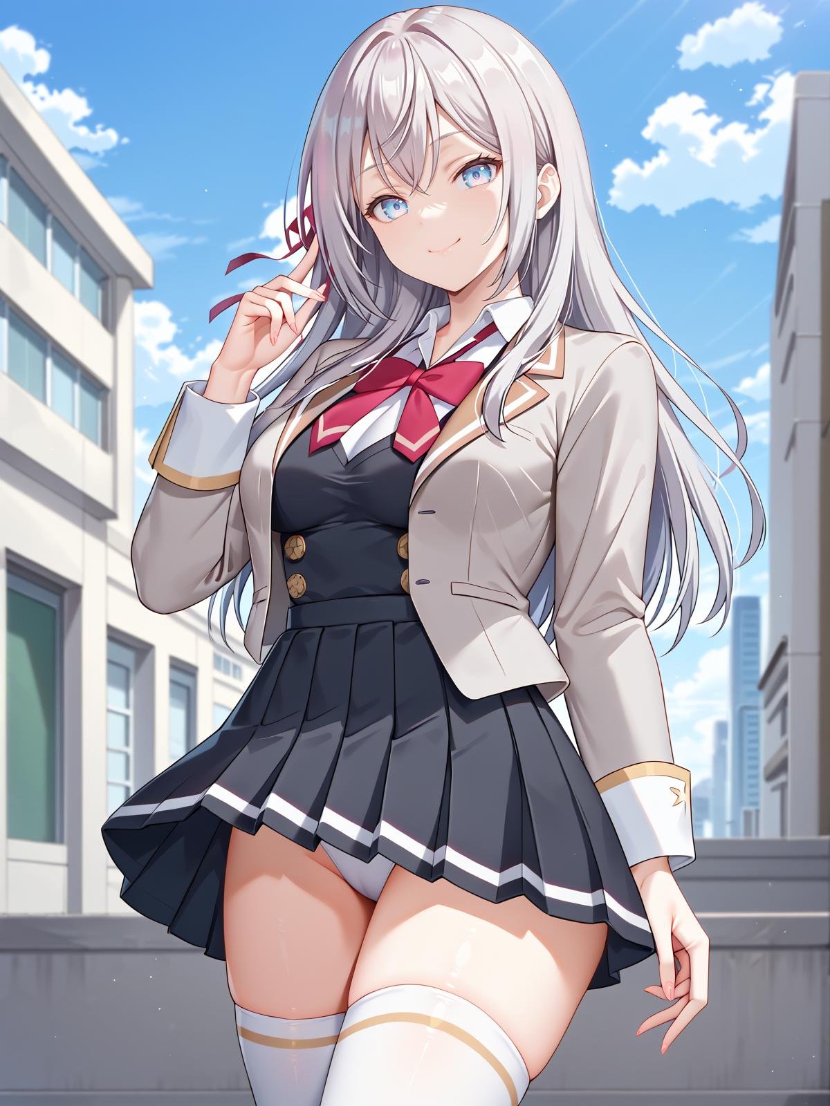 ((score_9)), ((score_8)),looking at viewer, cowboy shot, smile, tokyo \(city\), outdoors, standing,<lora:add-detail-xl:1><lora:alya-san-04:1> ((alisa:1.2)), 1girl, long hair, school uniform, hair ribbon, blue eyes, shirt, collared shirt, blazer, long sleeves, pleated skirt, white thighhighs, bow, bowtie, grey hair, , medium breasts, black skirt, closed mouth, ((golden buttons:1))