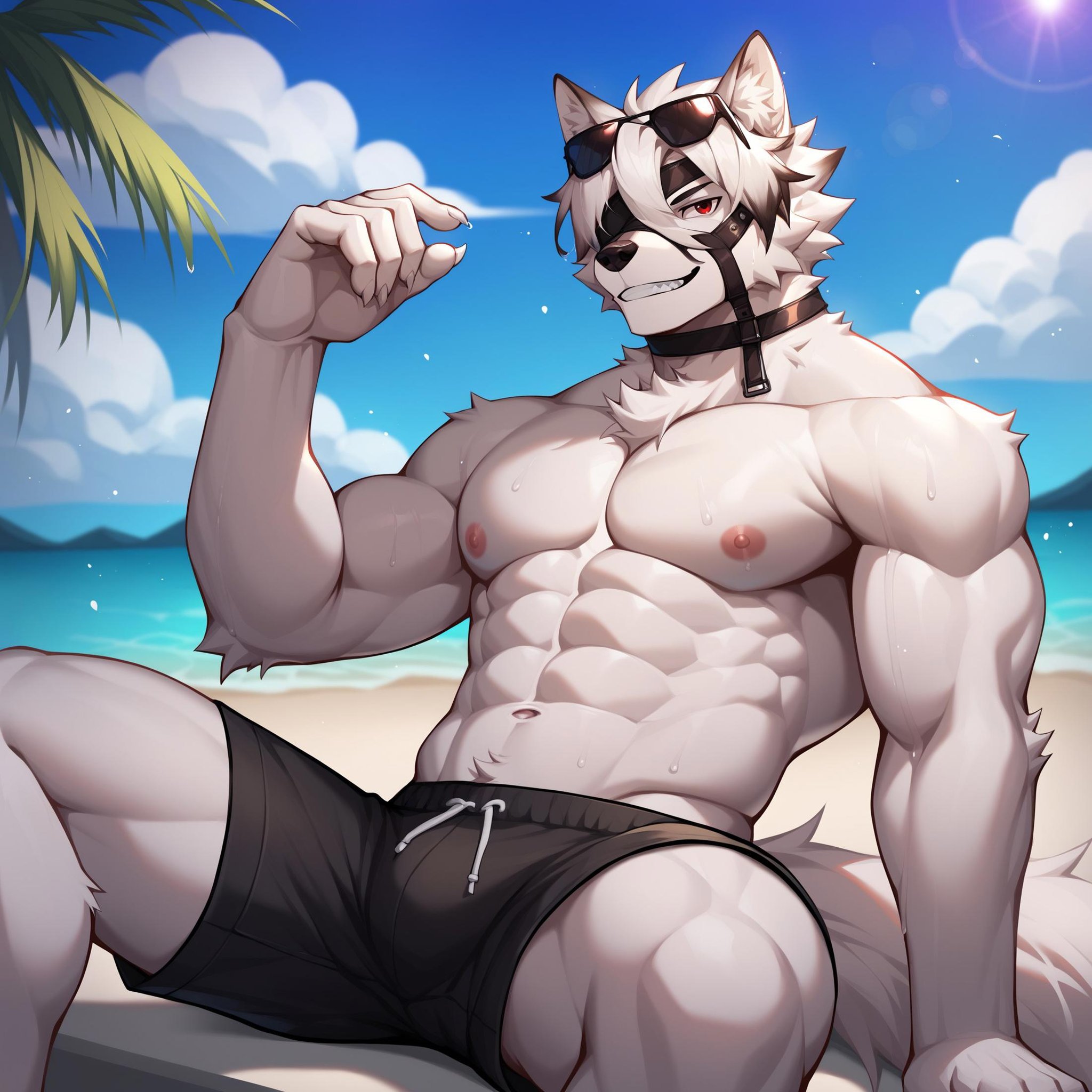 score_9, score_8_up, score_7_up, solo, von lycaon, wolf anthro, red eyes, eye patch, one eye covered, <lora:VonLycaonZZZPonyXL:1>, abs, muscular male, midriff, pecs, day, biceps, sunglasses on head, detailed background, beach, swim trunks, smile, teeth, pose, grin, wet, wet fur, wet body, dramatic angle, fluffy tail, sitting, crossed legs