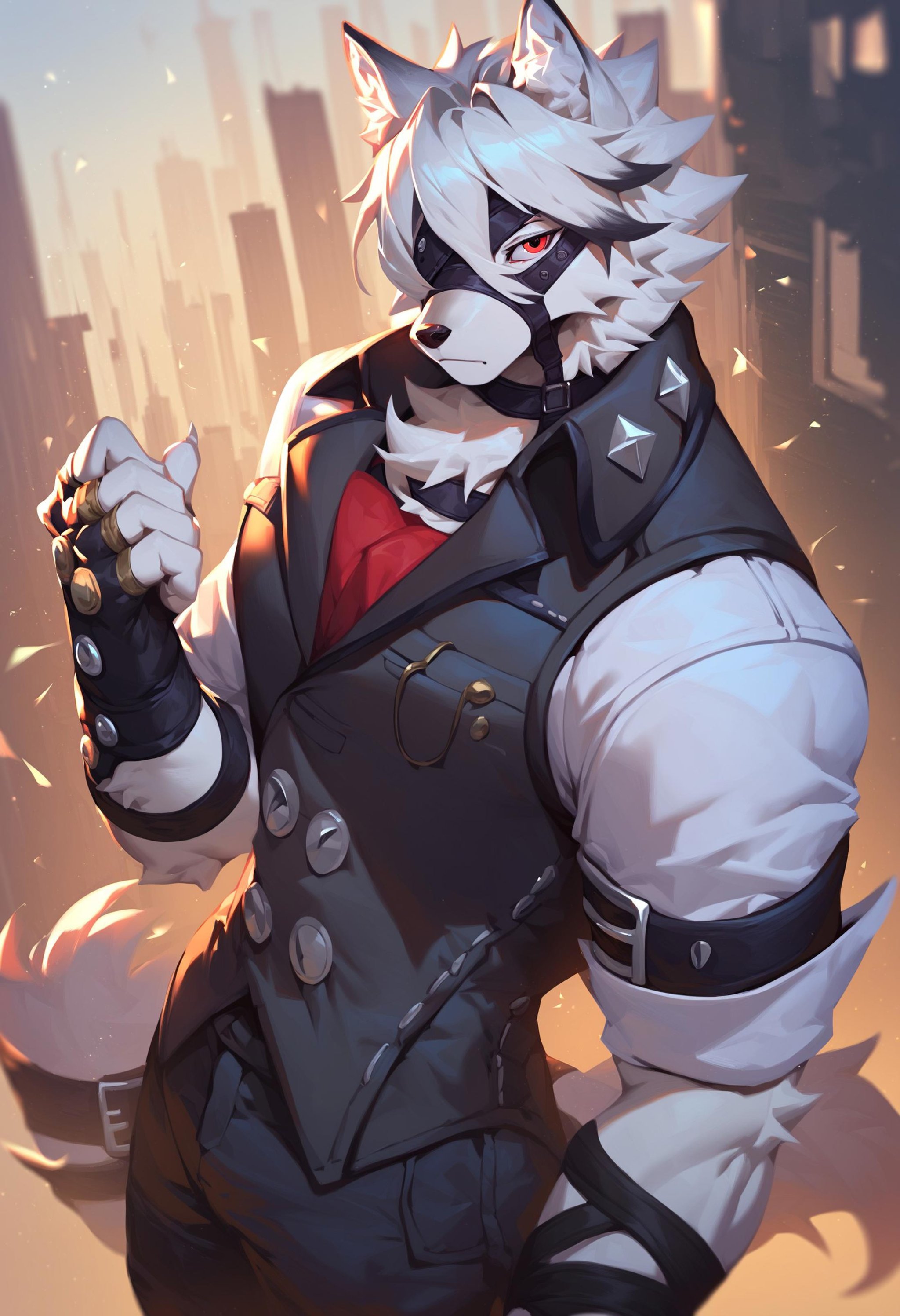 score_9, score_8_up, score_7_up, solo, von lycaon, wolf anthro, red eyes, buttons, eye patch, one eye covered, pants, armband, legband, vest, shirt, fingerless gloves, pose, detailed background, city, <lora:VonLycaonZZZPonyXL:1>