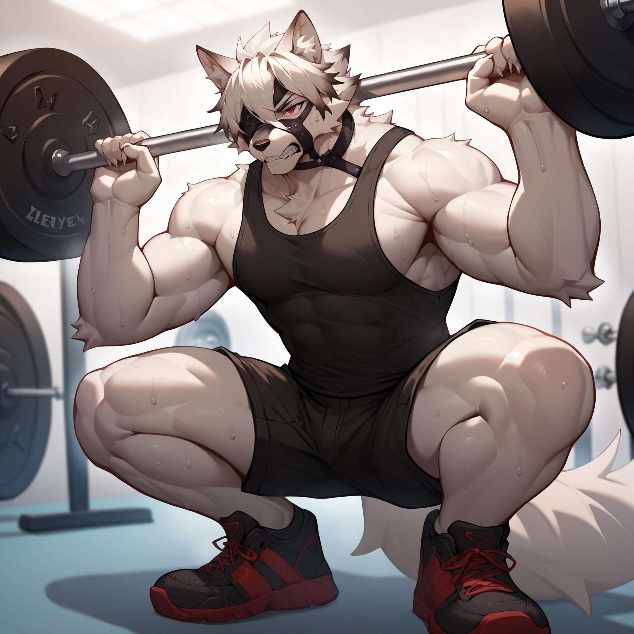 score_9, score_8_up, score_7_up, solo, von lycaon, wolf anthro, red eyes, buttons, eye patch, one eye covered, muscular, <lora:VonLycaonZZZPonyXL:1>, detailed background, gym, weightlifting, squatting, tank top, shorts, glistening body, sweat, sweaty body, gritted teeth