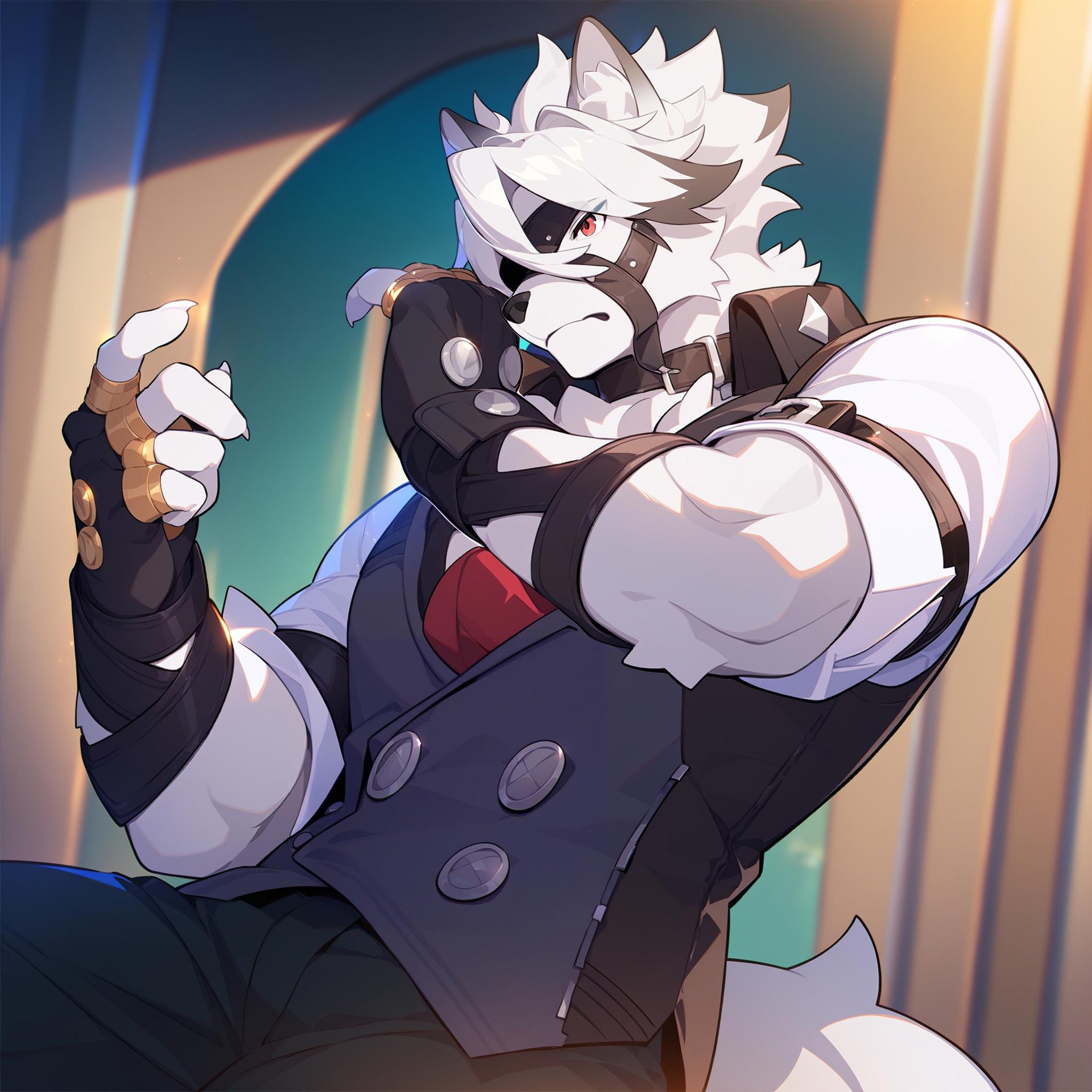 score_9, score_8_up, score_7_up, best quality, amazing quality, best aesthetic, amazing aesthetic, 2023, nsfw, game cg, official art, solo, von lycaon, wolf anthro, headshot portrait, muscular, red eyes, buttons, eye patch, one eye covered, pants, armband, vest, shirt, fingerless gloves, <lora:VonLycaonZZZPonyXL:1>