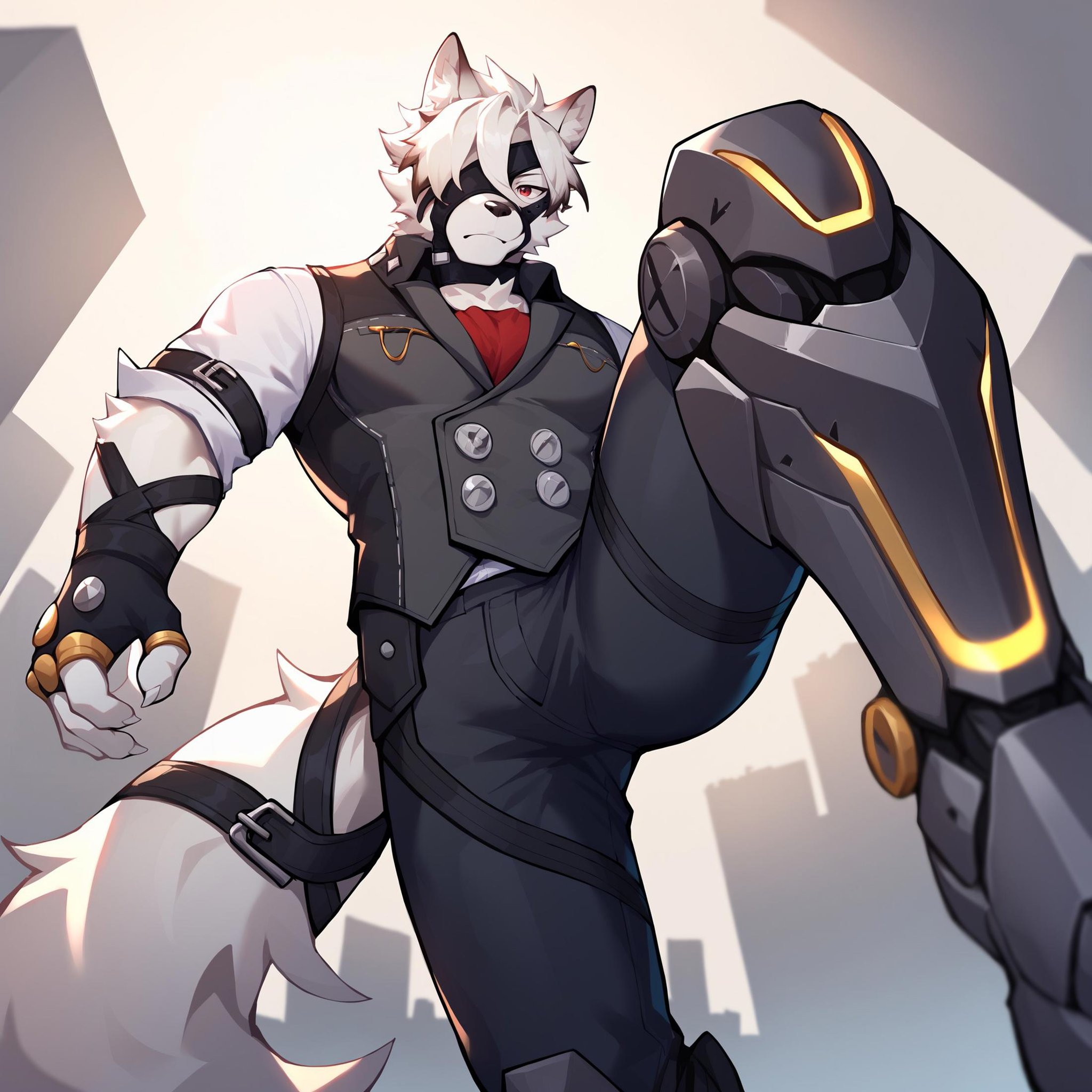 score_9, score_8_up, score_7_up, solo, von lycaon, wolf anthro, muscular, red eyes, buttons, eye patch, one eye covered, <lora:VonLycaonZZZPonyXL:1>, pants, vest, fingerless gloves, furry, furry male, looking at viewer, male focus, shirt, tail, white shirt, cybernetic leg, cybernetic foot, kicking, foot up, on one leg, city