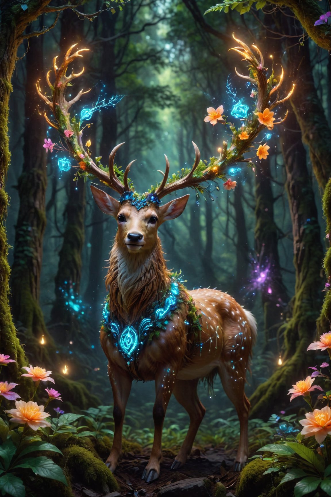 macro photography, A Deer with great glowing antlers decorated in glowing magical runes standing in a dense forest with illuminated flowers on a magical dark night, glowing particles in the air, enchanted forest, vibrant, sharp, extreme details, 8k