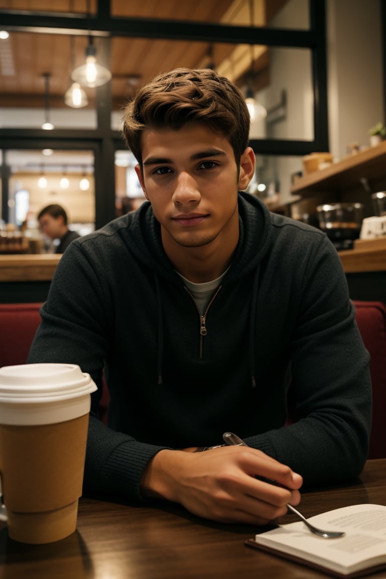 A young man sitting in a coffee shop on a rainy day, with soft indoor lighting contrasting with the gloomy weather outside.