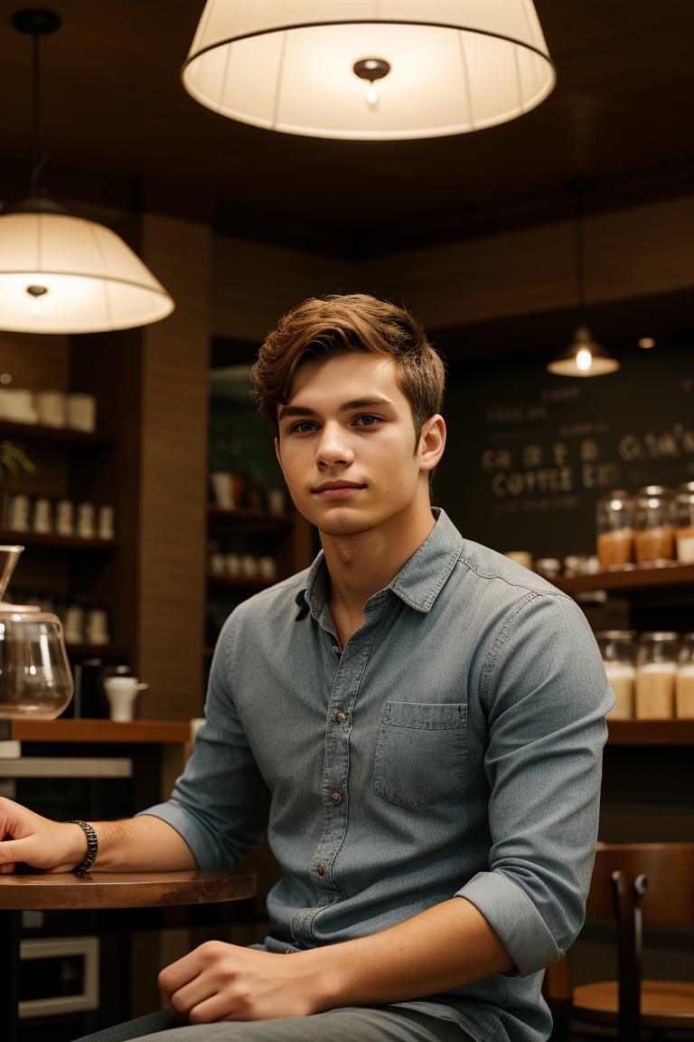 A young man sitting in a coffee shop on a rainy day, with soft indoor lighting contrasting with the gloomy weather outside.