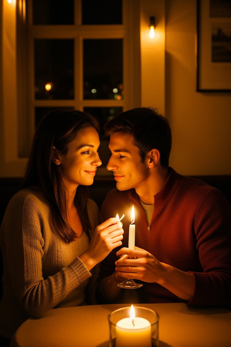 A couple in their twenties having a candlelit dinner in a cozy restaurant, with the warm glow creating an intimate atmosphere.