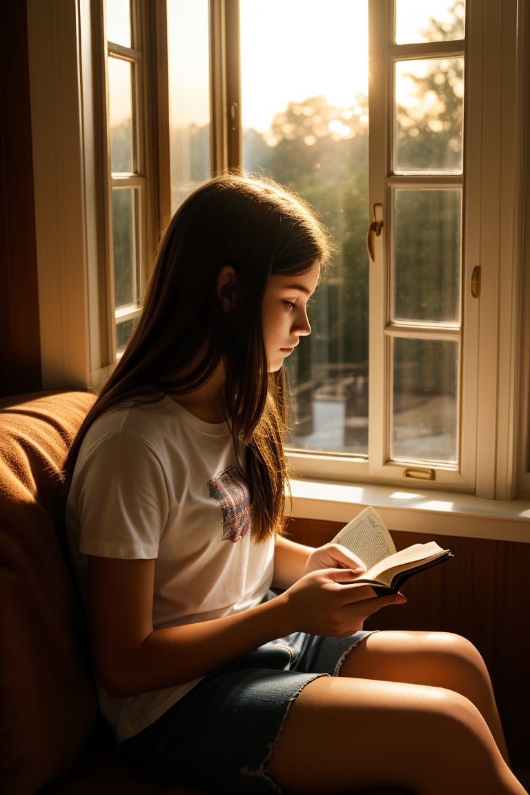 A teenage girl reading a book by a window during the golden hour, with sunlight streaming in and casting a warm glow.