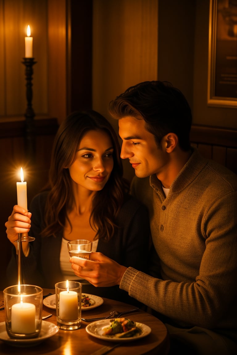 A couple in their twenties having a candlelit dinner in a cozy restaurant, with the warm glow creating an intimate atmosphere.